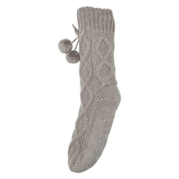 Muk Luks slipper grip socks pom pom tassels gray knit fuzzy fleece lining S/M - Picture 1 of 4